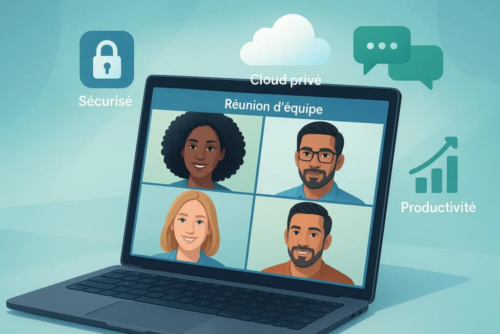 Illustration d’une réunion d’équipe en visioconférence sur ordinateur portable avec des éléments visuels liés à la sécurité, au cloud privé et à la productivité.
