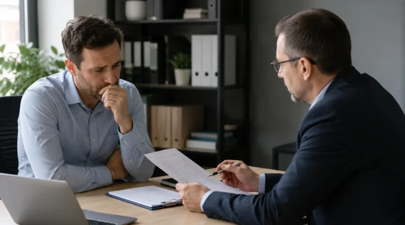 Salarié inquiet échangeant avec un conseiller au sujet d’un licenciement pour inaptitude liée à une maladie professionnelle.