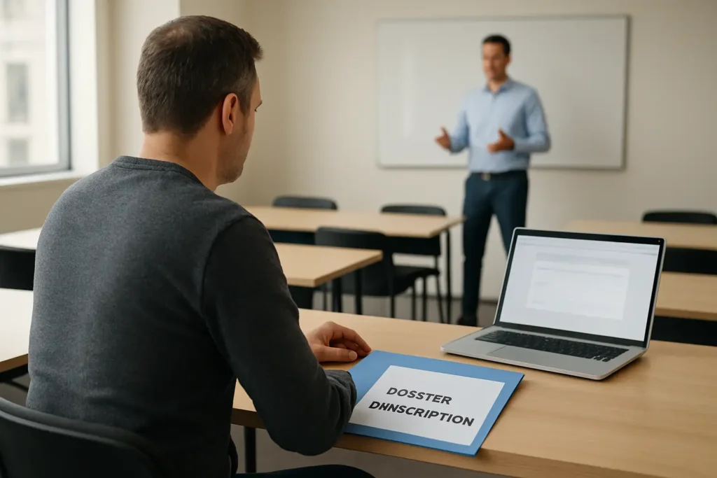 Personne consultant le prix d’un stage de récupération de points dans une salle de formation
