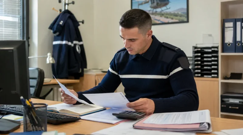 Gendarme français consultant des documents administratifs pour comprendre le salaire et les primes liées à son métier.
