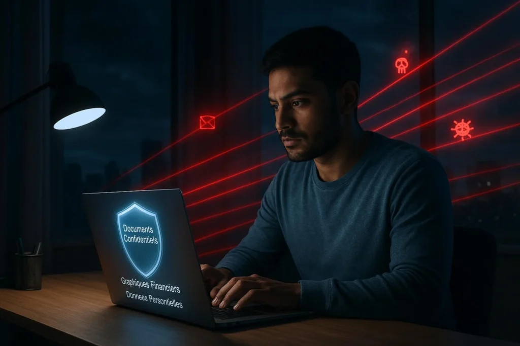 Homme travaillant sur un ordinateur portable protégé avec des documents confidentiels face à des menaces de cybersécurité.
