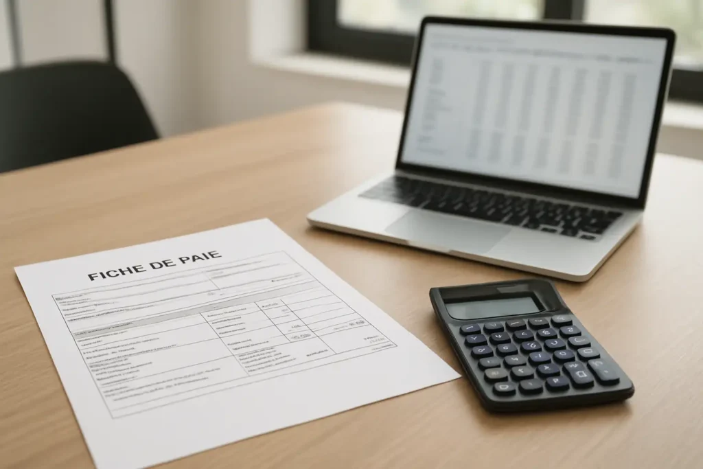 Fiche de paie et calculatrice sur un bureau pour illustrer 1820 brut en net