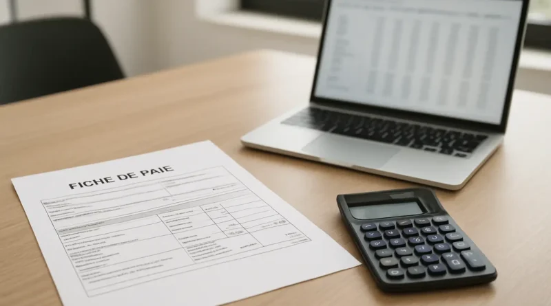 Fiche de paie et calculatrice sur un bureau pour illustrer 1820 brut en net