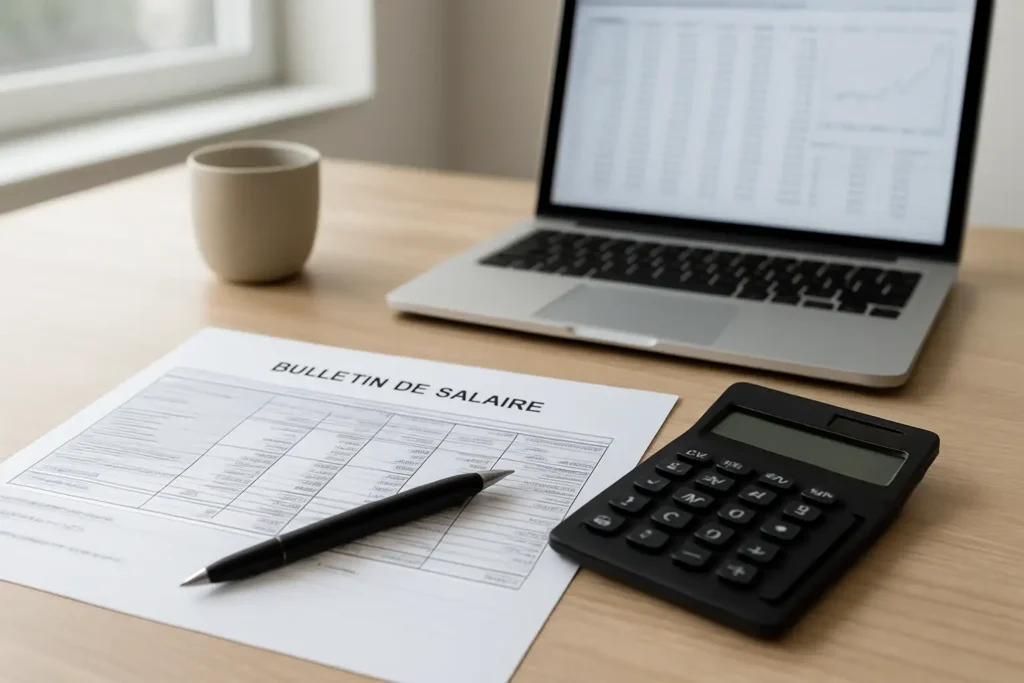 Bureau avec calculatrice, bulletin de salaire et ordinateur pour estimer 35k brut en net