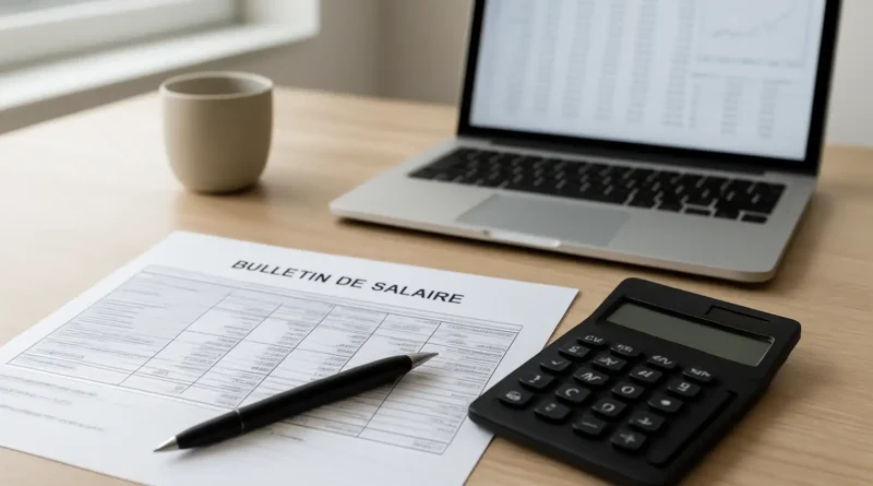 Bureau avec calculatrice, bulletin de salaire et ordinateur pour estimer 35k brut en net