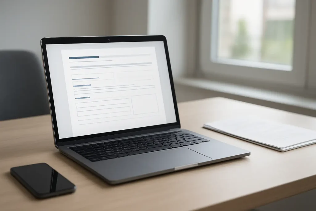 Ordinateur portable sur un bureau avec une démarche d’actualisation administrative liée à l’emploi