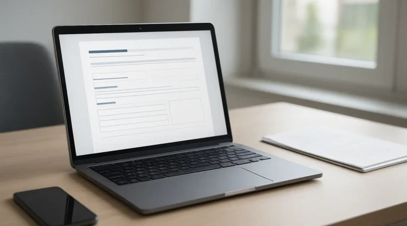 Ordinateur portable sur un bureau avec une démarche d’actualisation administrative liée à l’emploi