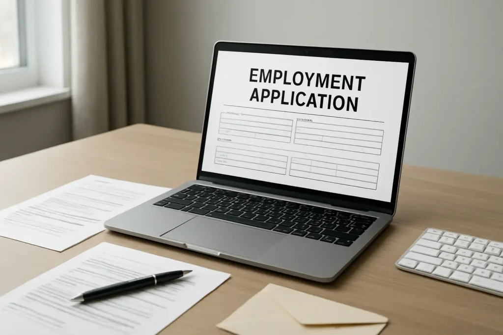 Bureau avec ordinateur et documents pour une démarche liée à Pôle emploi