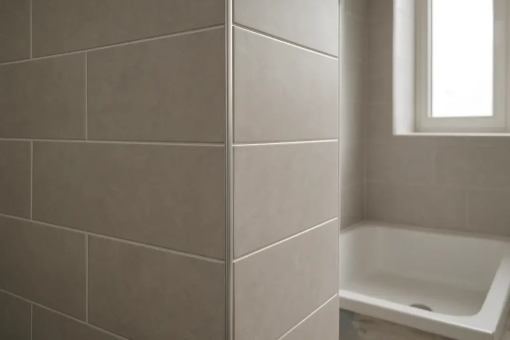 Baguette de finition pour carrelage sur un angle de mur dans une salle de bain