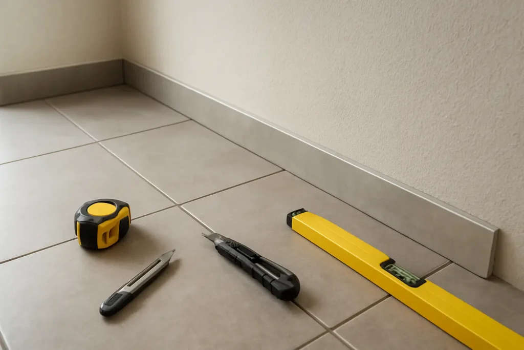 Baguette de finition sur un bord de carrelage après pose dans une pièce rénovée