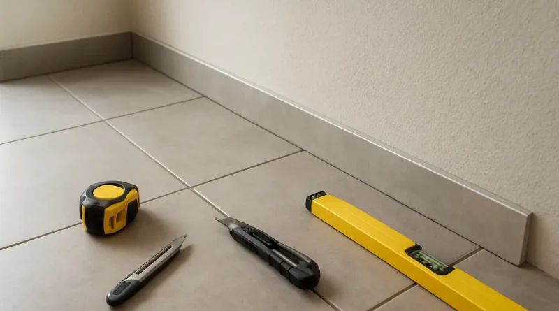 Baguette de finition sur un bord de carrelage après pose dans une pièce rénovée