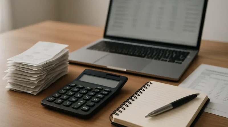 Bureau avec calculatrice, tickets de restaurant et documents pour calculer les frais de repas aux impôts 2025
