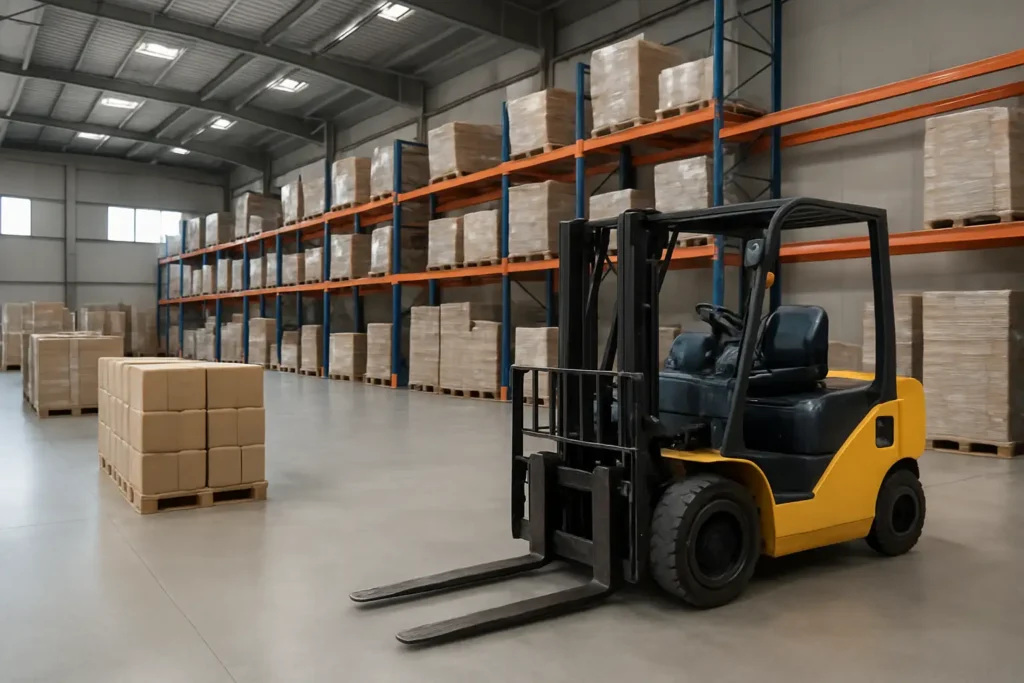 Chariot élévateur dans un entrepôt logistique moderne pour illustrer le salaire d’un cariste