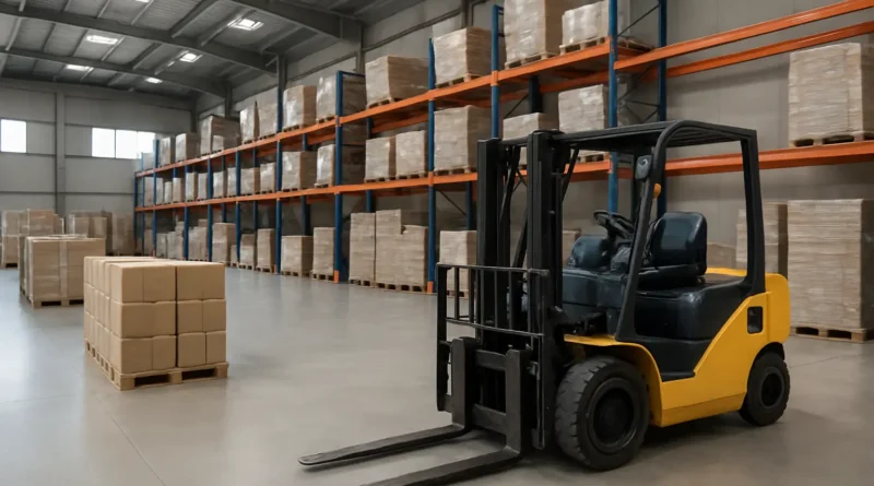 Chariot élévateur dans un entrepôt logistique moderne pour illustrer le salaire d’un cariste