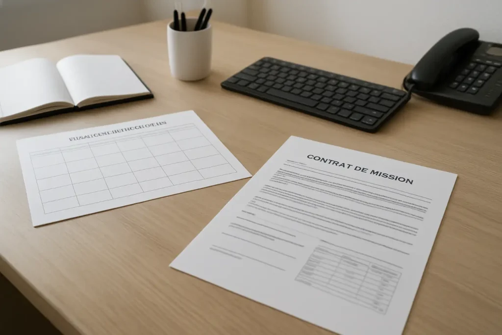 Contrat d’intérim, planning et fiche de paie sur un bureau pour illustrer une mission 35h travaillée moins longtemps