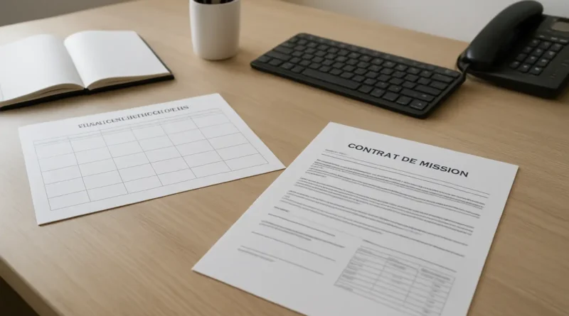 Contrat d’intérim, planning et fiche de paie sur un bureau pour illustrer une mission 35h travaillée moins longtemps