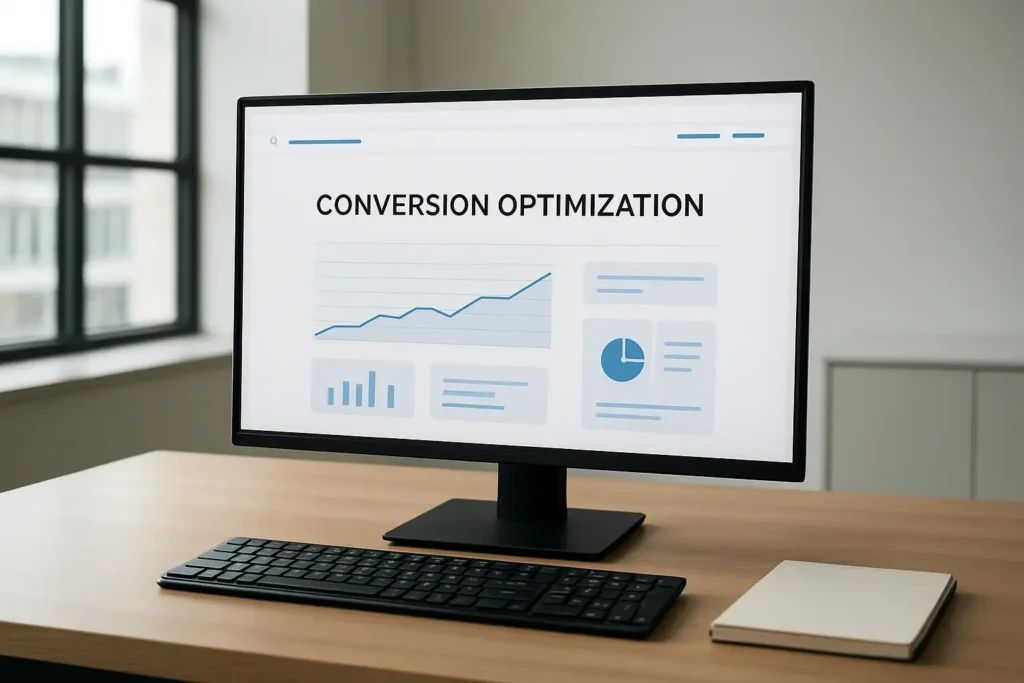 Bureau d’entreprise avec écran affichant une interface de CRO marketing et un tableau de bord web