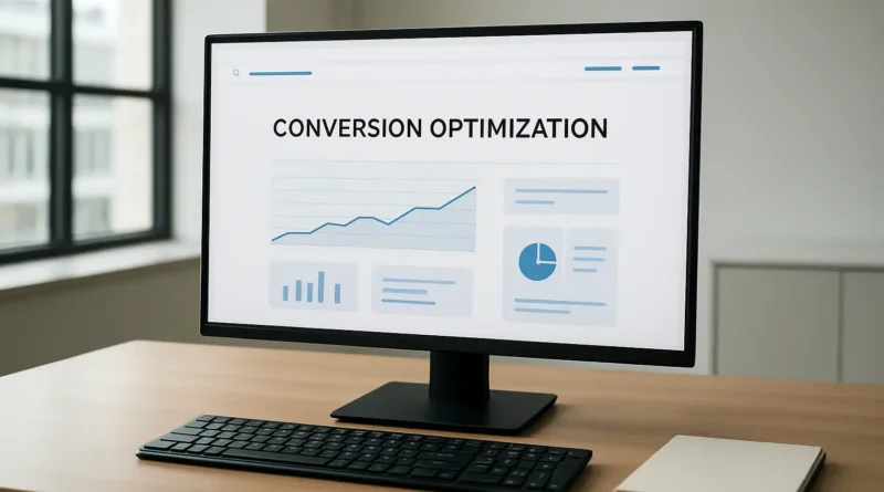 Bureau d’entreprise avec écran affichant une interface de CRO marketing et un tableau de bord web
