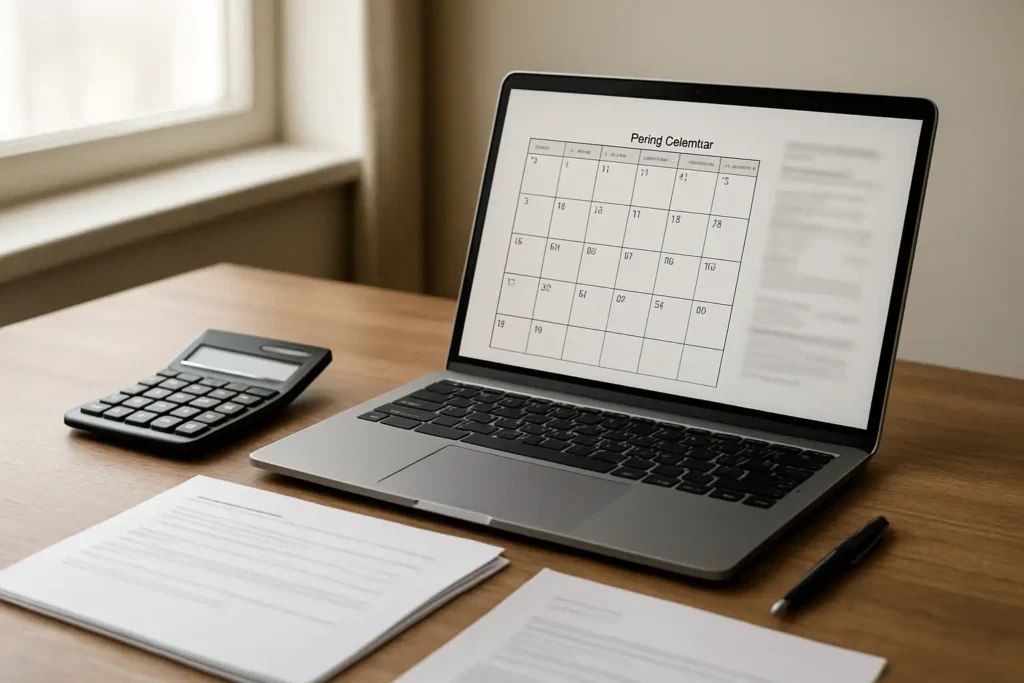 Bureau avec calendrier de paie et relevé bancaire illustrant la date de salaire d’un enseignant