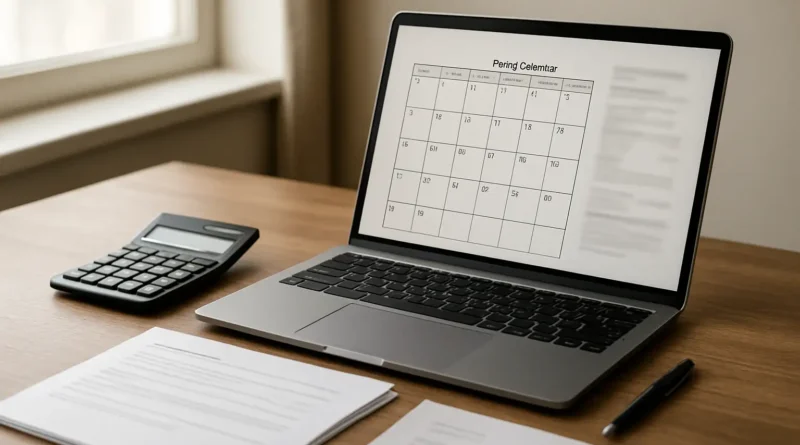 Bureau avec calendrier de paie et relevé bancaire illustrant la date de salaire d’un enseignant
