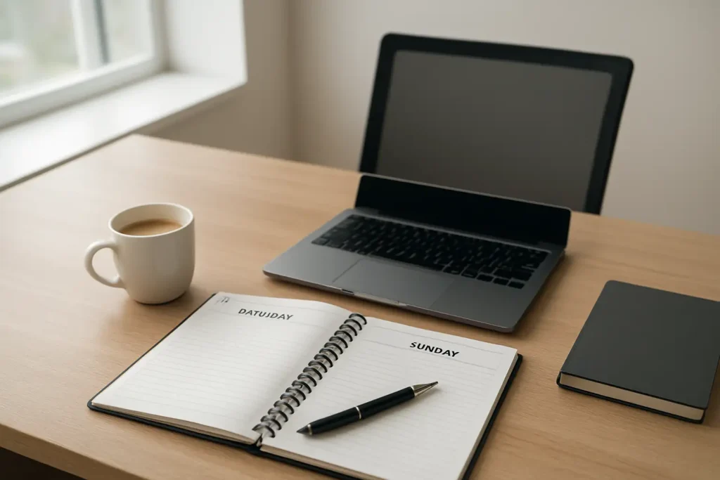 Bureau professionnel avec ordinateur et agenda pour illustrer un emploi week end uniquement