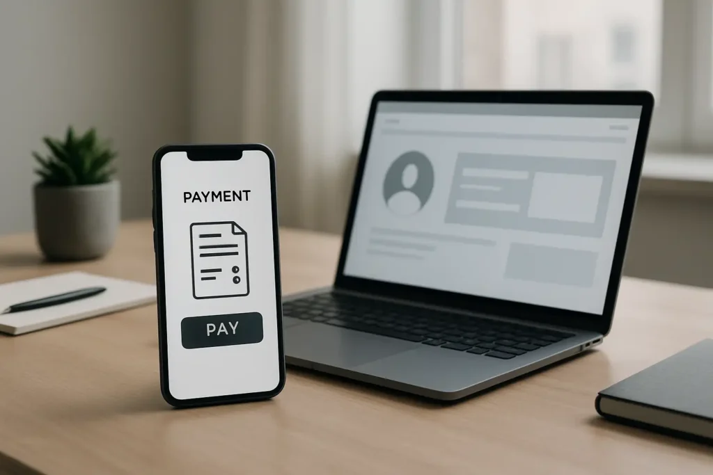 Smartphone et ordinateur sur un bureau montrant un paiement de facture mobile dans un espace client