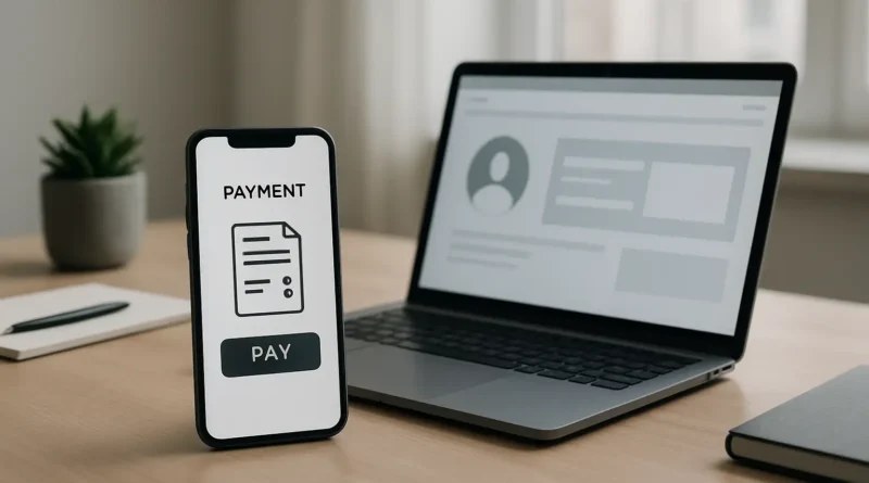 Smartphone et ordinateur sur un bureau montrant un paiement de facture mobile dans un espace client