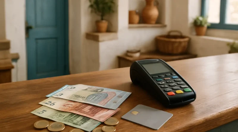 Monnaie en Grèce avec des billets et pièces en euros sur un comptoir
