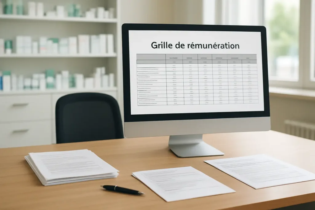 Bureau professionnel avec une grille de salaire de pharmacien et des documents administratifs