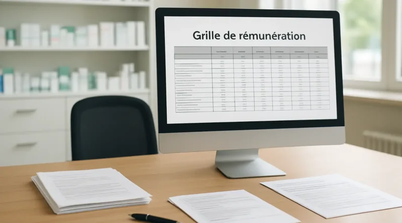 Bureau professionnel avec une grille de salaire de pharmacien et des documents administratifs