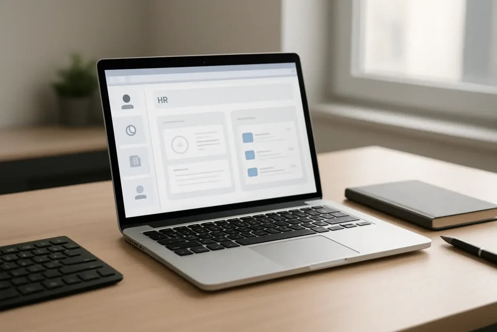 Ordinateur affichant un portail RH de gestion des temps et des documents dans un bureau