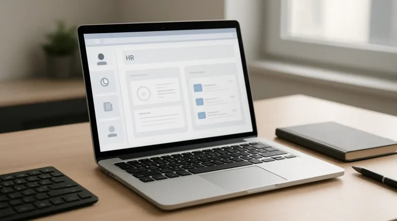 Ordinateur affichant un portail RH de gestion des temps et des documents dans un bureau
