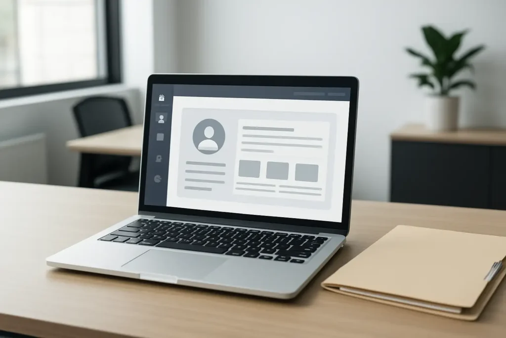 Ordinateur portable affichant un espace RH générique dans un bureau moderne