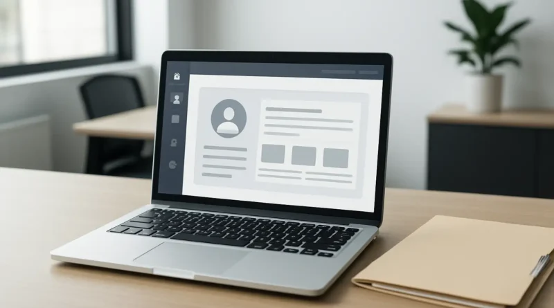 Ordinateur portable affichant un espace RH générique dans un bureau moderne
