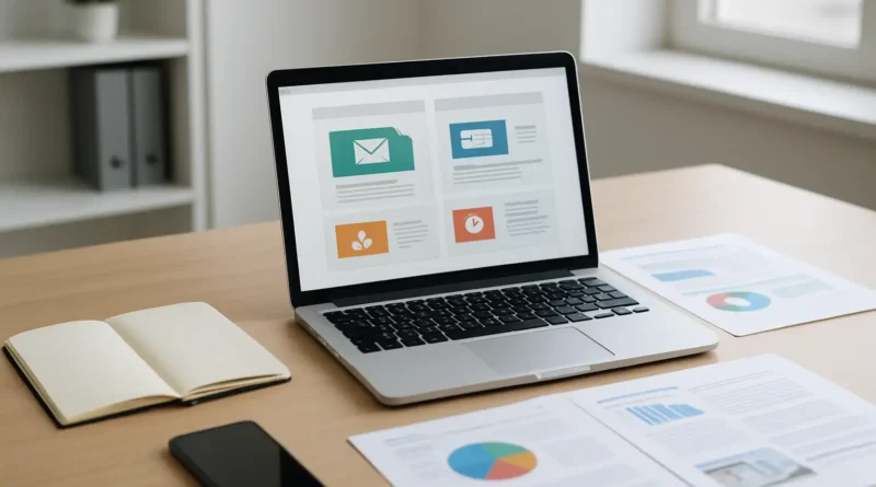 Bureau d’entreprise avec écran de campagne de marketing direct, ordinateur, smartphone et documents marketing