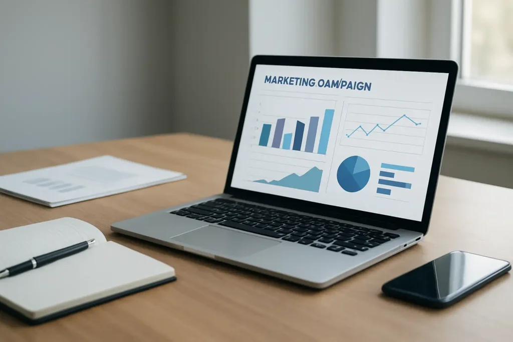 Bureau marketing avec ordinateur affichant des graphiques, documents et outils de travail