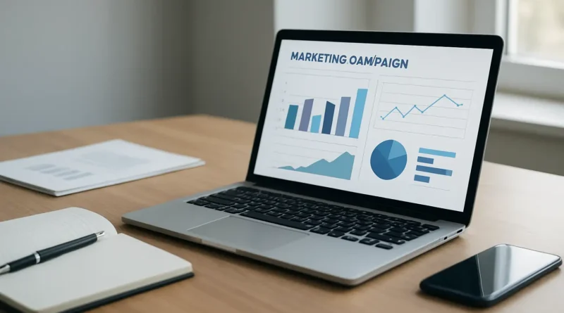 Bureau marketing avec ordinateur affichant des graphiques, documents et outils de travail