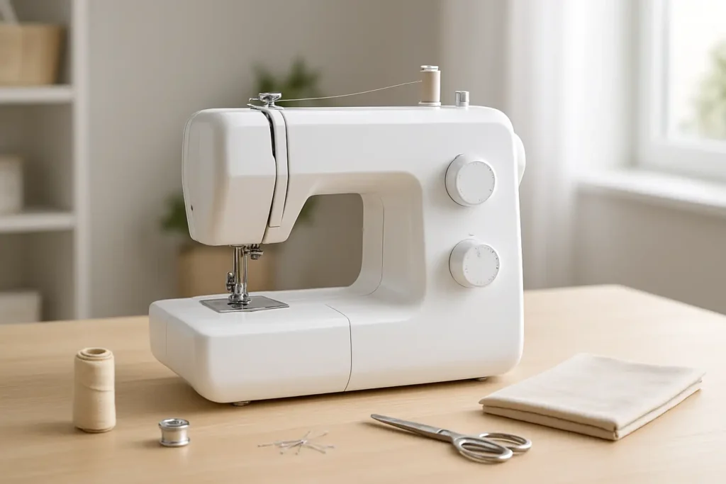 Machine à coudre domestique avec fil, canette et tissu pour illustrer un mode d'emploi Lidl