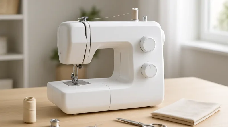 Machine à coudre domestique avec fil, canette et tissu pour illustrer un mode d'emploi Lidl