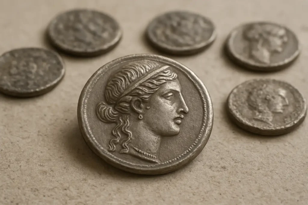 Monnaies grecques antiques en métal posées sur une surface claire