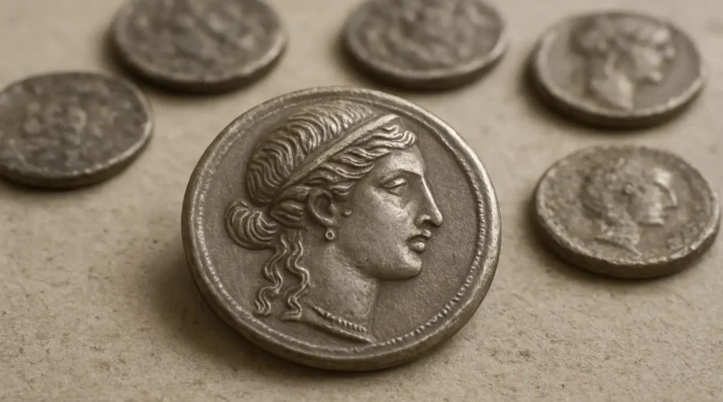 Monnaies grecques antiques en métal posées sur une surface claire
