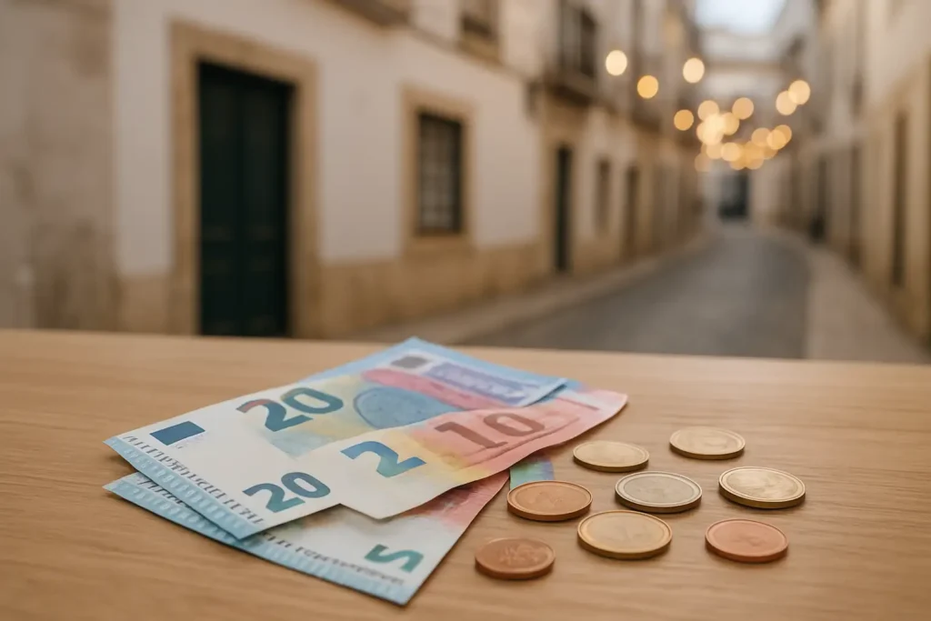 Billets et pièces en euros illustrant la monnaie du Portugal