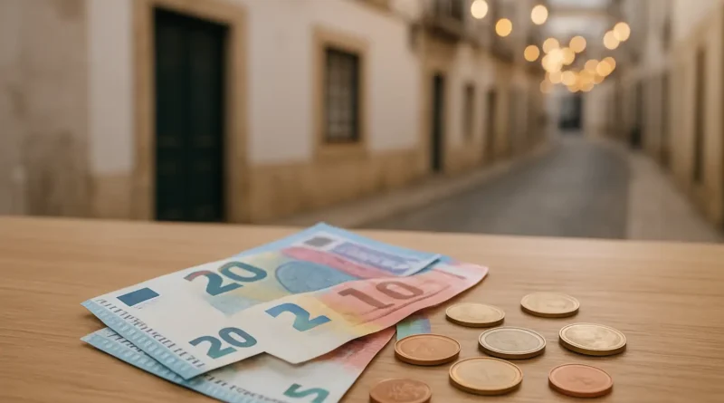 Billets et pièces en euros illustrant la monnaie du Portugal