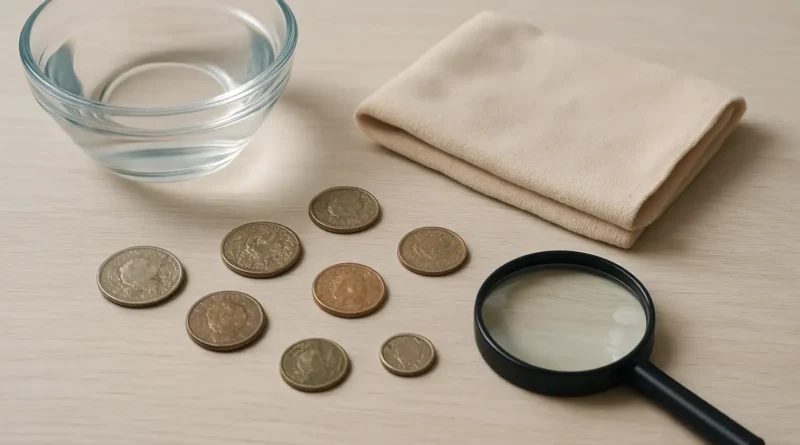 Pièces de monnaie nettoyées délicatement avec un chiffon doux et un bol d’eau tiède