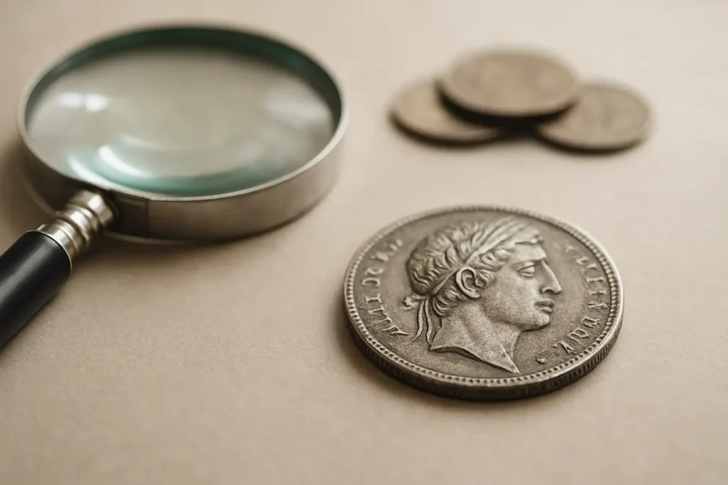 Pièce de monnaie rare observée avec une loupe sur une table