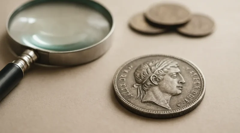 Pièce de monnaie rare observée avec une loupe sur une table