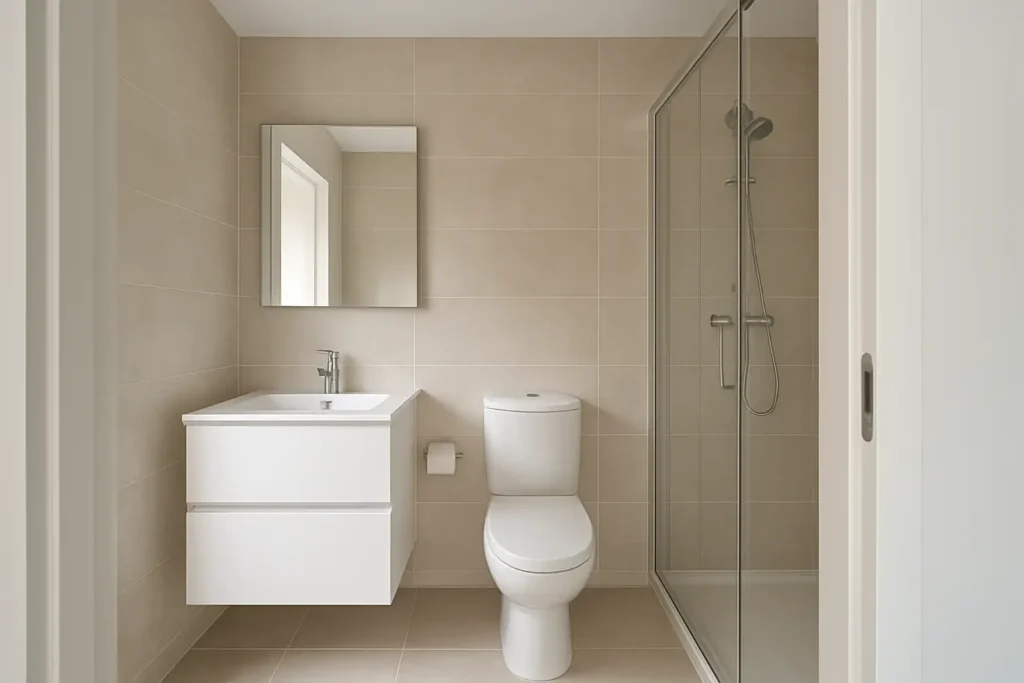Salle de bain moderne avec porte de salle de bain coulissante en applique
