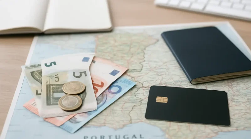 Monnaie au Portugal avec des euros posés sur une carte du pays