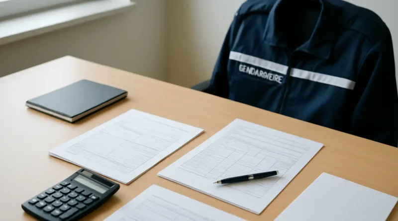 Documents de paie et uniforme de gendarme pour illustrer le salaire d’un gendarme sous-officier