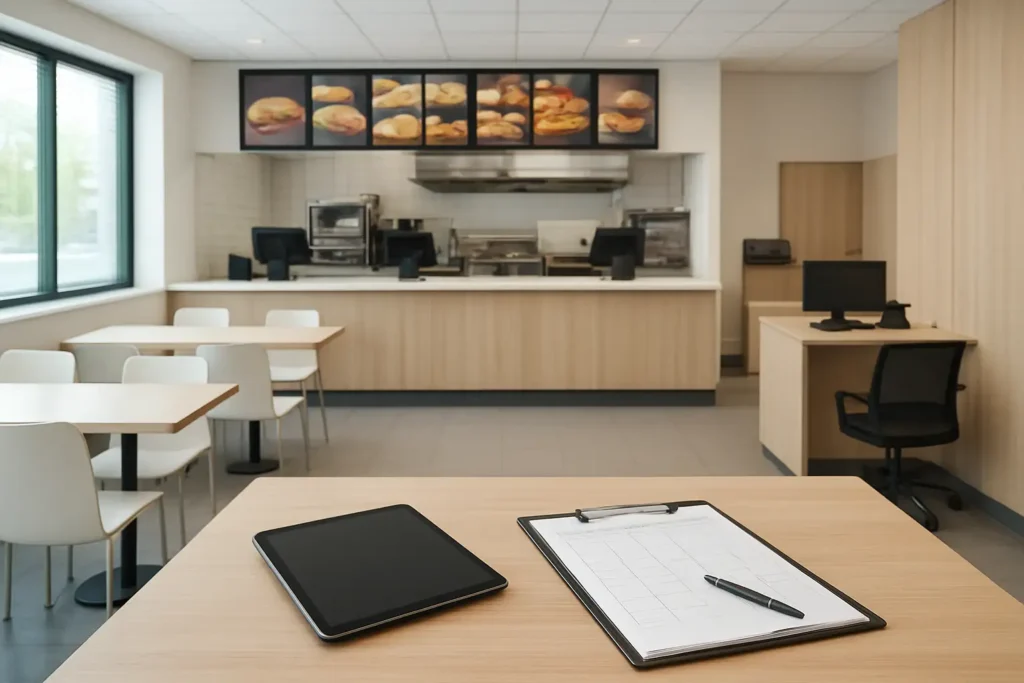 Espace de travail d’un manager en restauration rapide avec planning et tablette, illustrant le salaire manager McDo